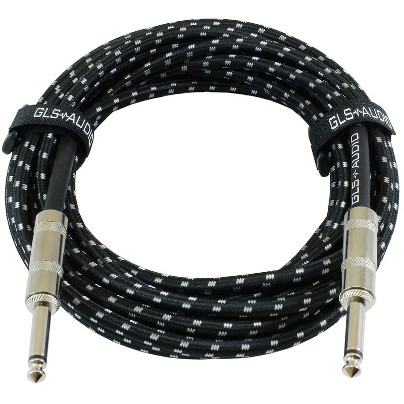 GLS Audio Instrument Cable - 1/4 Inch TS to 1/4 Inch - for Bass/Electric Guitar - Black/Grey Braided Tweed, 20 Ft - Electric Guitar Cable - Image 1